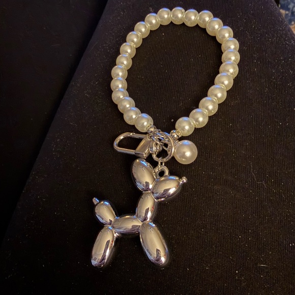 Silver Balloon Dog Pearl Bracelet Keychain with white faux pearl Wristlet - Picture 3 of 3